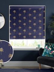 Sara Miller Navy Blue Small Palm Made to Measure Roman 100% Cotton Blind - Image 1 of 5