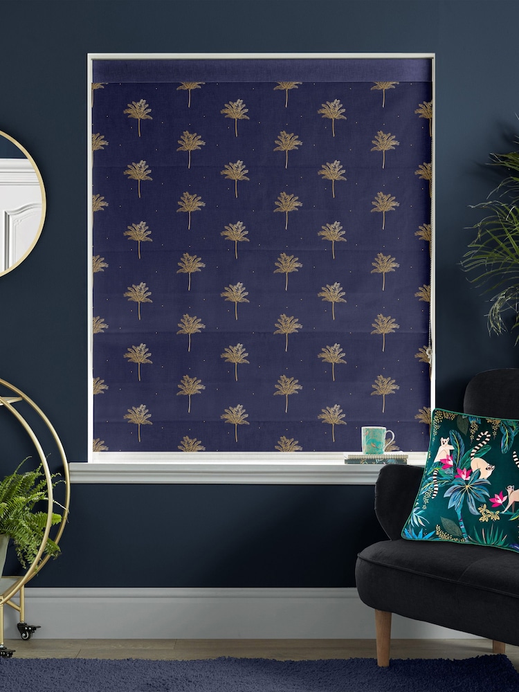 Sara Miller Navy Blue Small Palm Made to Measure Roman 100% Cotton Blind - Image 5 of 5