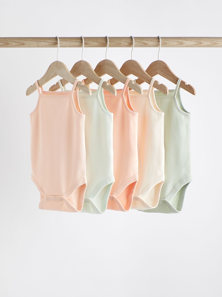 Peach/Green Baby Strappy Vest Bodysuits 5 Pack - Image 1 of 11