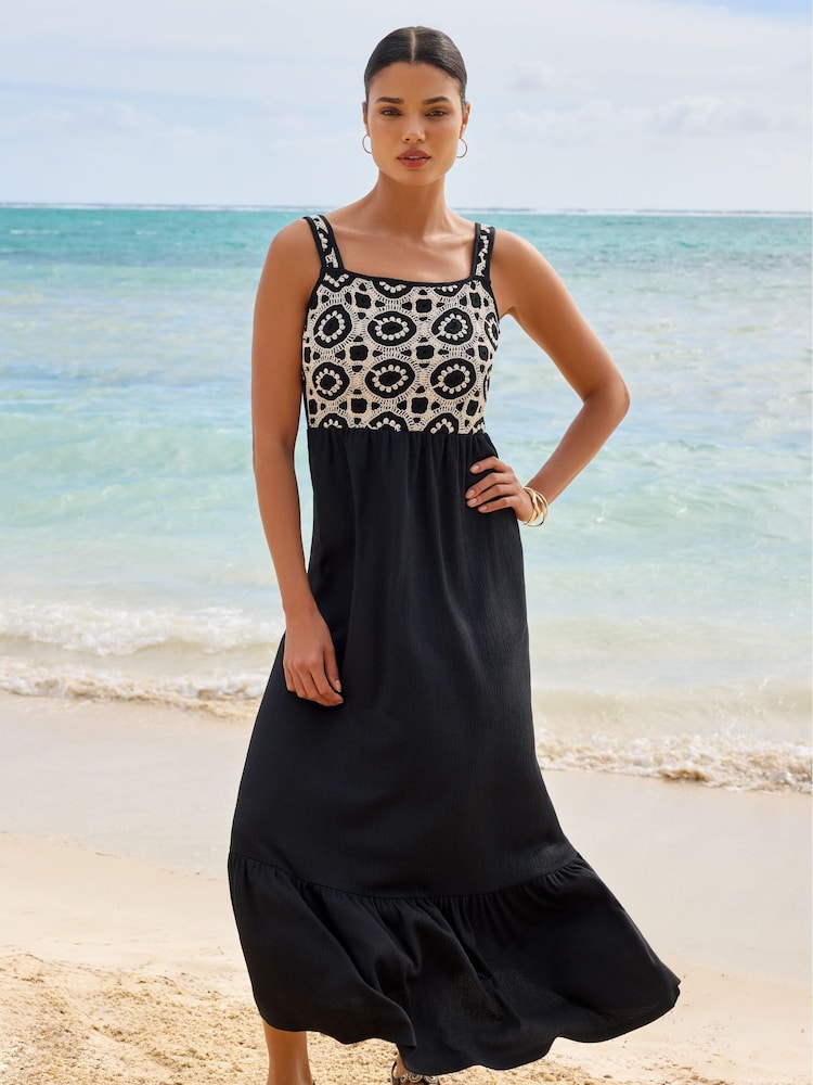 Lipsy Black/White Crochet Mix Cami Holiday Shop Maxi Dress - Image 2 of 4