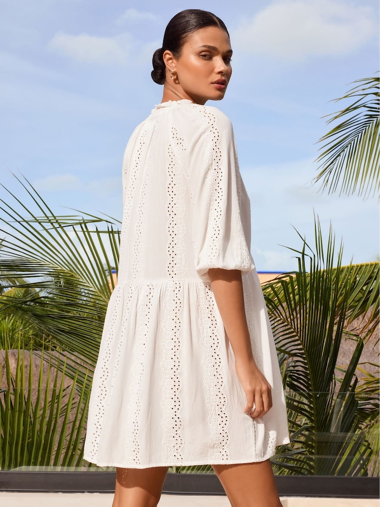 Lipsy White Broderie Mini Smock Holiday Dress - Image 4 of 4 Lipsy White Broderie Mini Smock Holiday Dress - Image 4 of 4