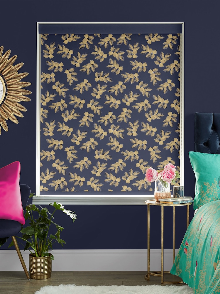 Sara Miller Deep Navy Blue Etched Leaves Made to Measure Roller Blinds - Image 2 of 6