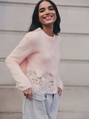 Light Pink Lace Trim Long Sleeve Knit Cardigan - Image 1 of 7