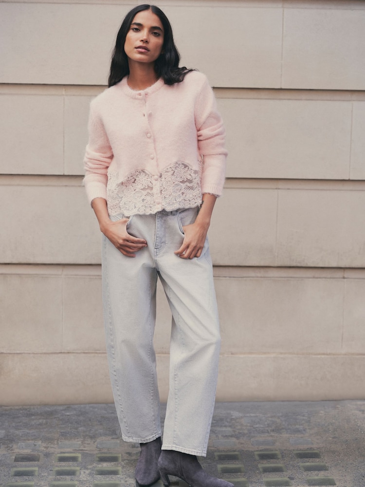 Light Pink Lace Trim Long Sleeve Knit Cardigan - Image 2 of 7 Light Pink Lace Trim Long Sleeve Knit Cardigan - Image 2 of 7