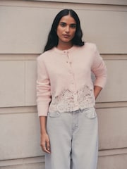 Light Pink Lace Trim Long Sleeve Knit Cardigan - Image 3 of 7