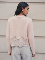 Light Pink Lace Trim Long Sleeve Knit Cardigan - Image 4 of 7