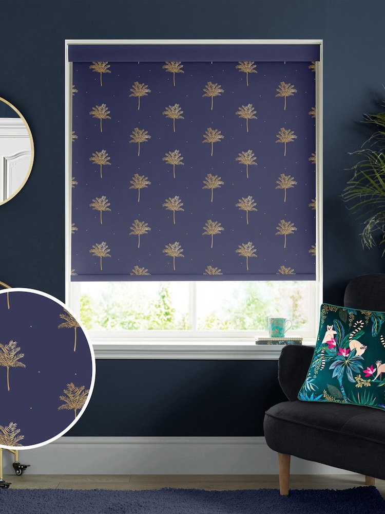 Sara Miller Navy Blue Small Palm Made To Measure Roller Blinds - Image 1 of 6