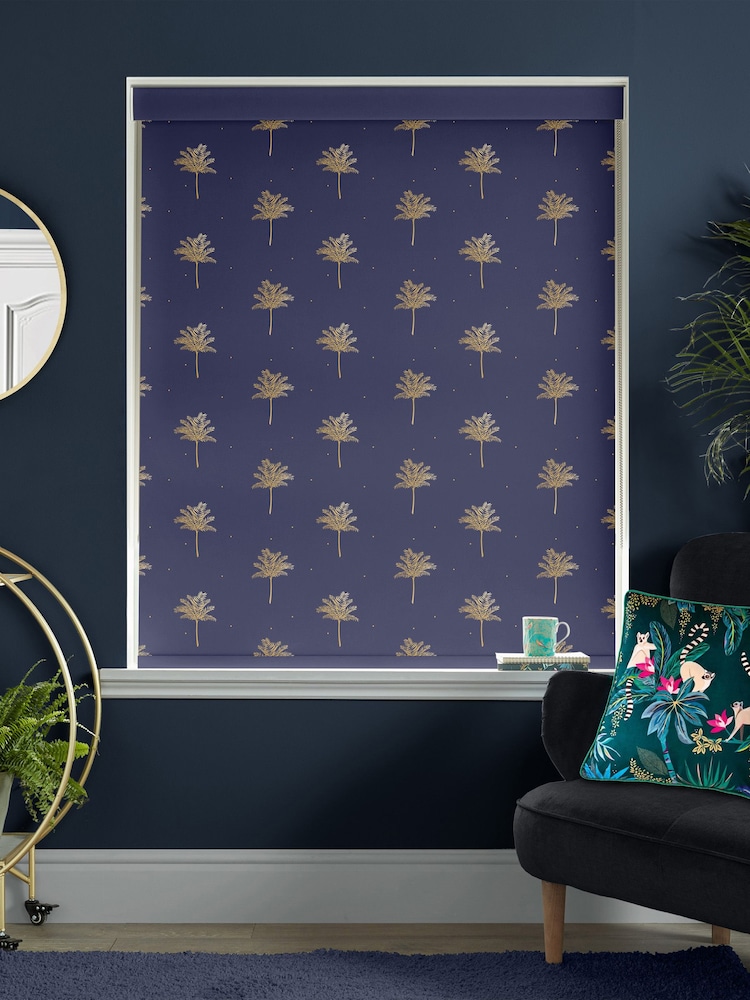 Sara Miller Navy Blue Small Palm Made To Measure Roller Blinds - Image 2 of 6
