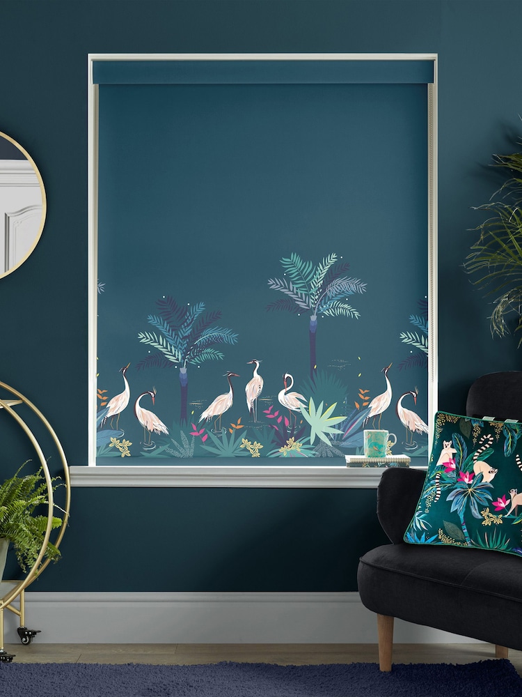 Sara Miller Teal Green Heron Border Made To Measure Roller Blinds - Image 2 of 6