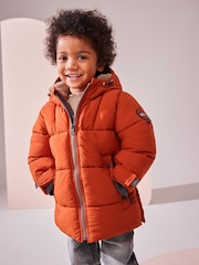 Rust Brown Borg Fleece Lined Shower Resistant Hooded Padded Coat (3mths-7yrs) - Image 1 of 13
