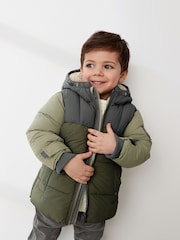 Green Colourblock Borg Fleece Lined Shower Resistant Hooded Padded Coat (3mths-7yrs) - Image 1 of 11