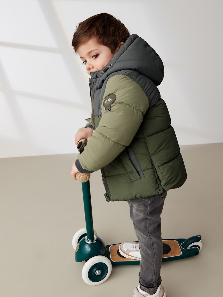 Green Colourblock Borg Fleece Lined Shower Resistant Hooded Padded Coat (3mths-7yrs) - Image 2 of 11