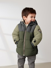 Green Colourblock Borg Fleece Lined Shower Resistant Hooded Padded Coat (3mths-7yrs) - Image 4 of 11