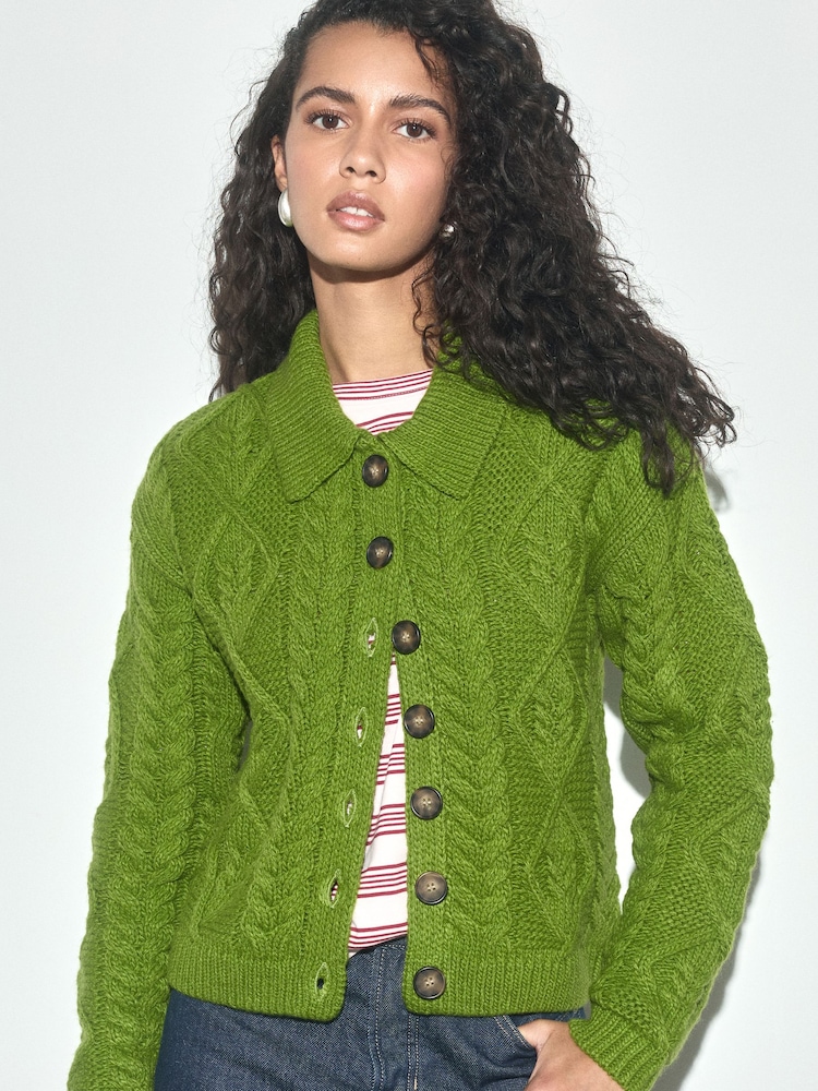 Green Cable Knit Long Sleeve Cardigan - Image 1 of 7 Green Cable Knit Long Sleeve Cardigan - Image 1 of 7