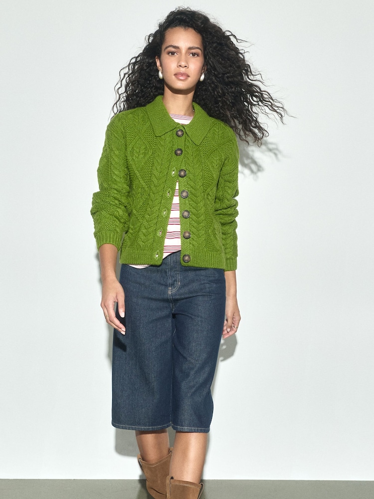 Green Cable Knit Long Sleeve Cardigan - Image 2 of 7 Green Cable Knit Long Sleeve Cardigan - Image 2 of 7