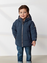 Navy Borg Fleece Lined Shower Resistant Hooded Padded Coat (3mths-7yrs) - Image 1 of 11