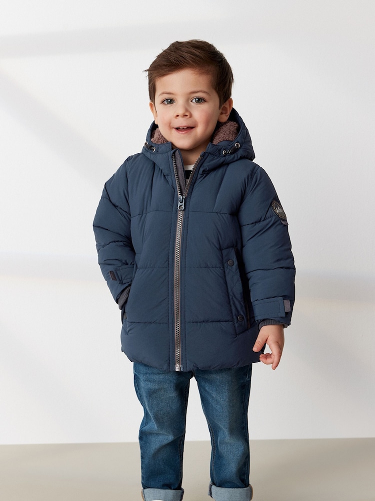 Navy Borg Fleece Lined Shower Resistant Hooded Padded Coat (3mths-7yrs) - Image 1 of 11