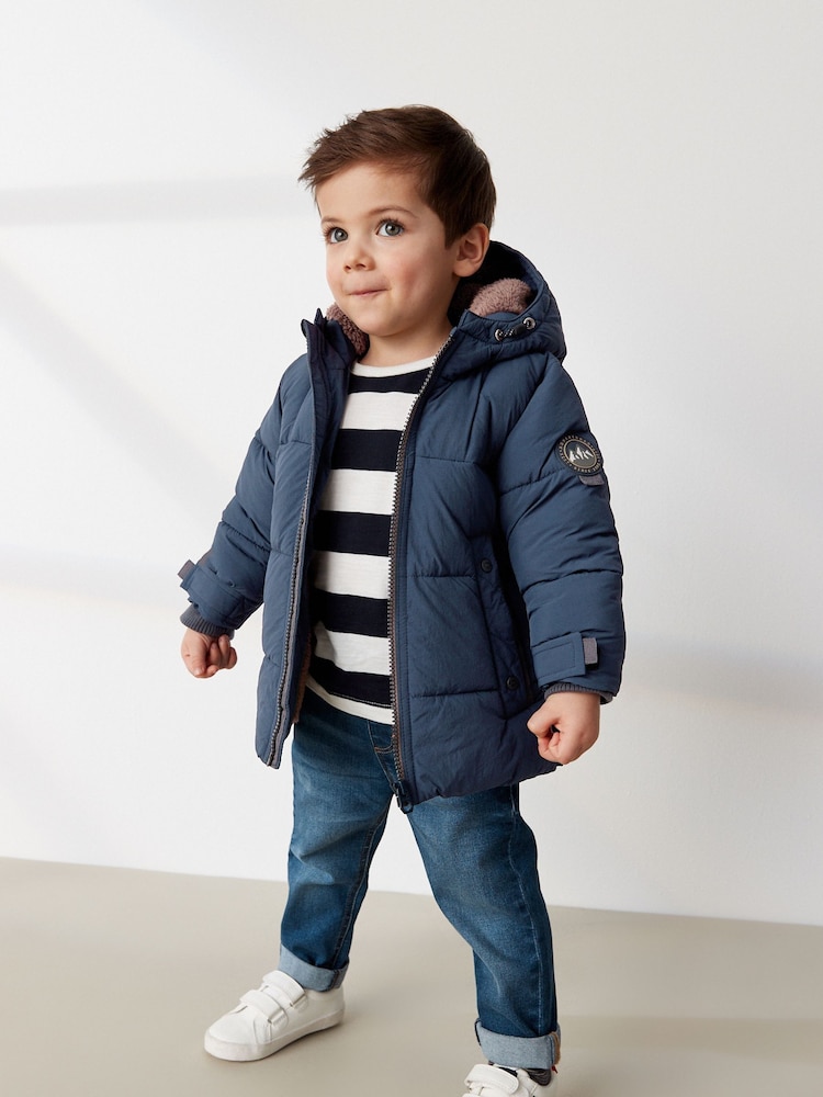 Navy Borg Fleece Lined Shower Resistant Hooded Padded Coat (3mths-7yrs) - Image 2 of 11