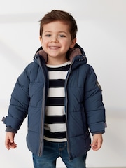 Navy Borg Fleece Lined Shower Resistant Hooded Padded Coat (3mths-7yrs) - Image 4 of 11