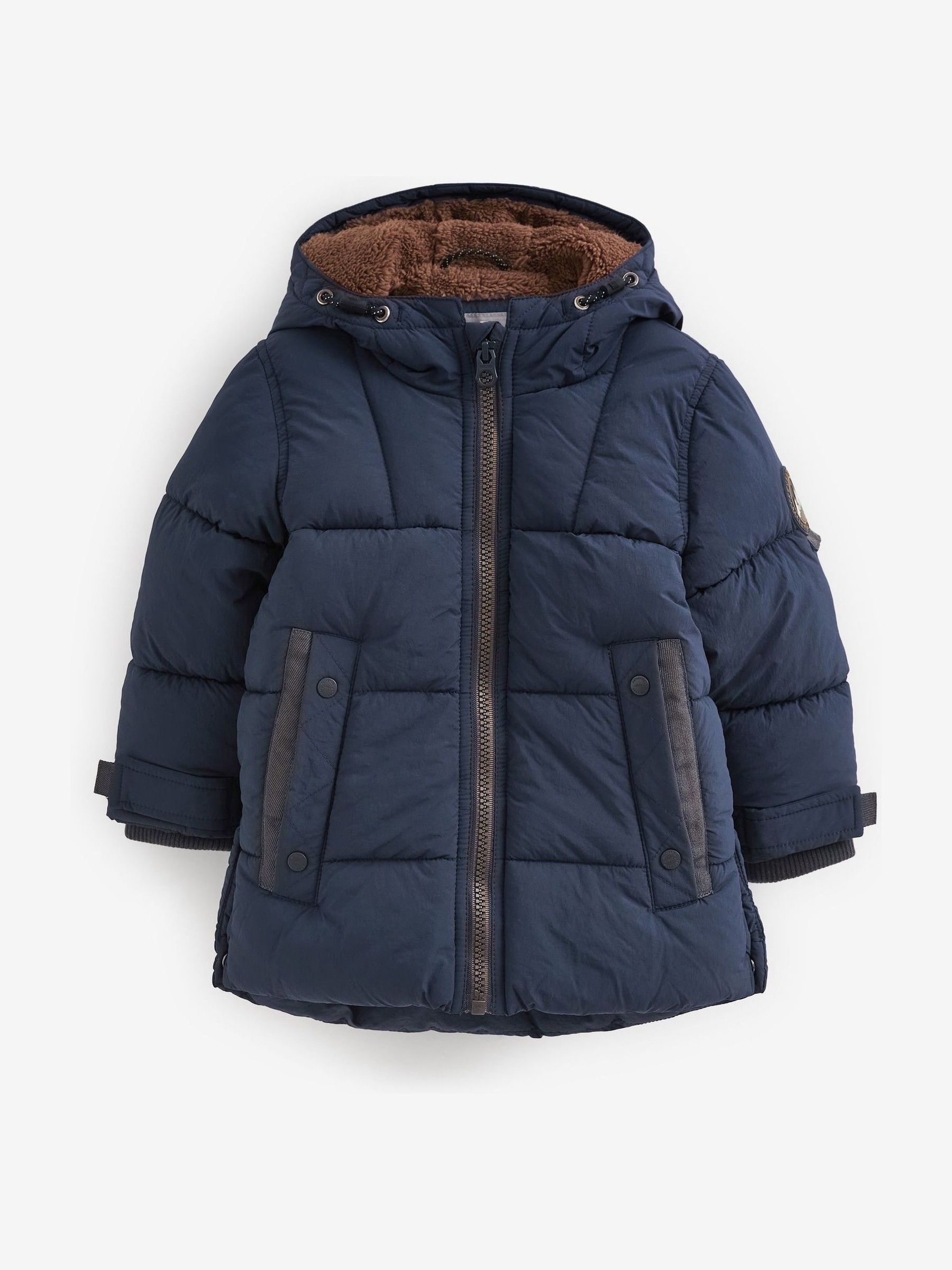 Navy Borg Fleece Lined Shower Resistant Hooded Padded Coat (3mths-7yrs)