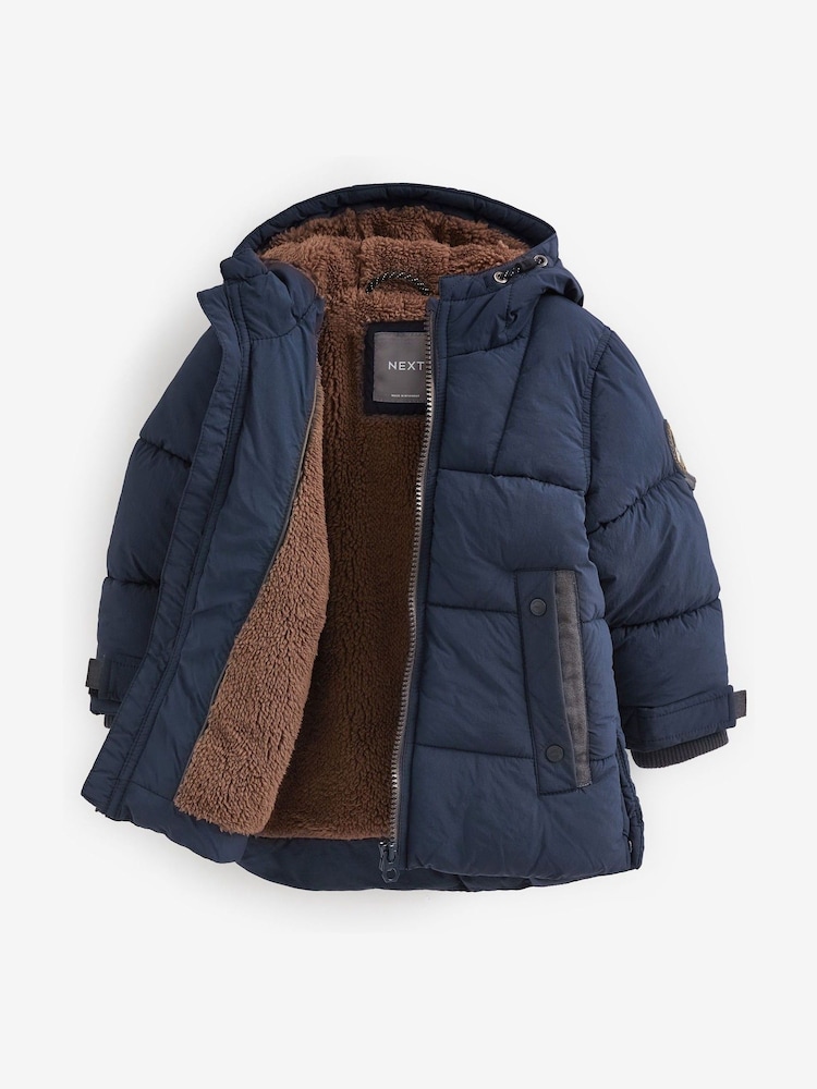 Navy Borg Fleece Lined Shower Resistant Hooded Padded Coat (3mths-7yrs) - Image 8 of 11