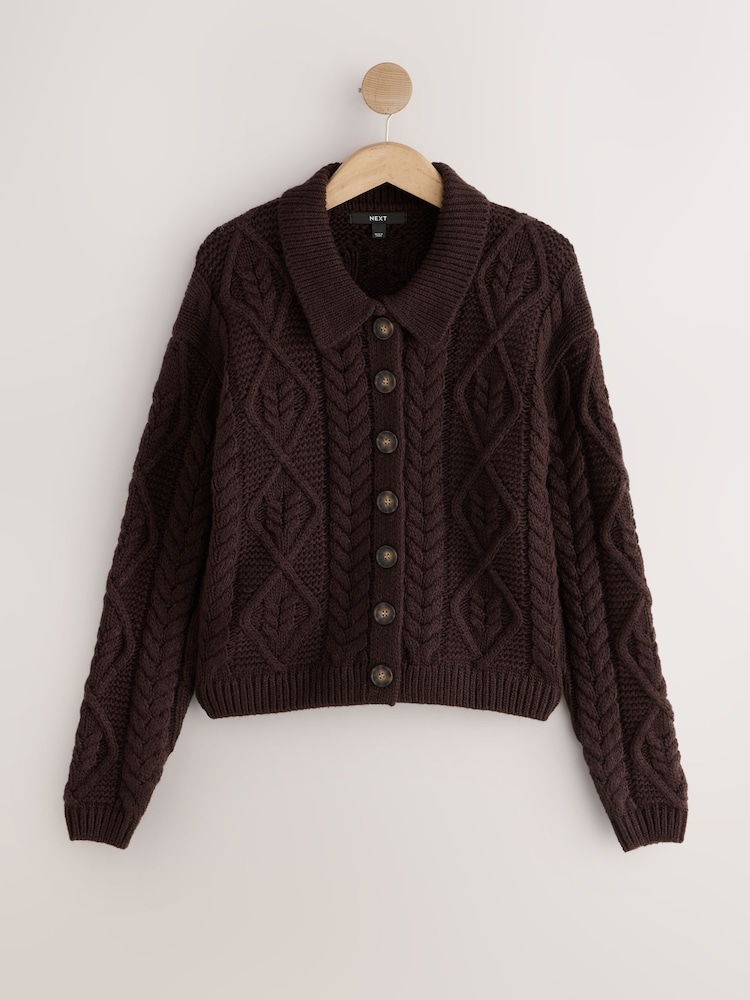 Chocolate Brown Cable Knit Long Sleeve Cardigan - Image 1 of 3 Chocolate Brown Cable Knit Long Sleeve Cardigan - Image 1 of 3