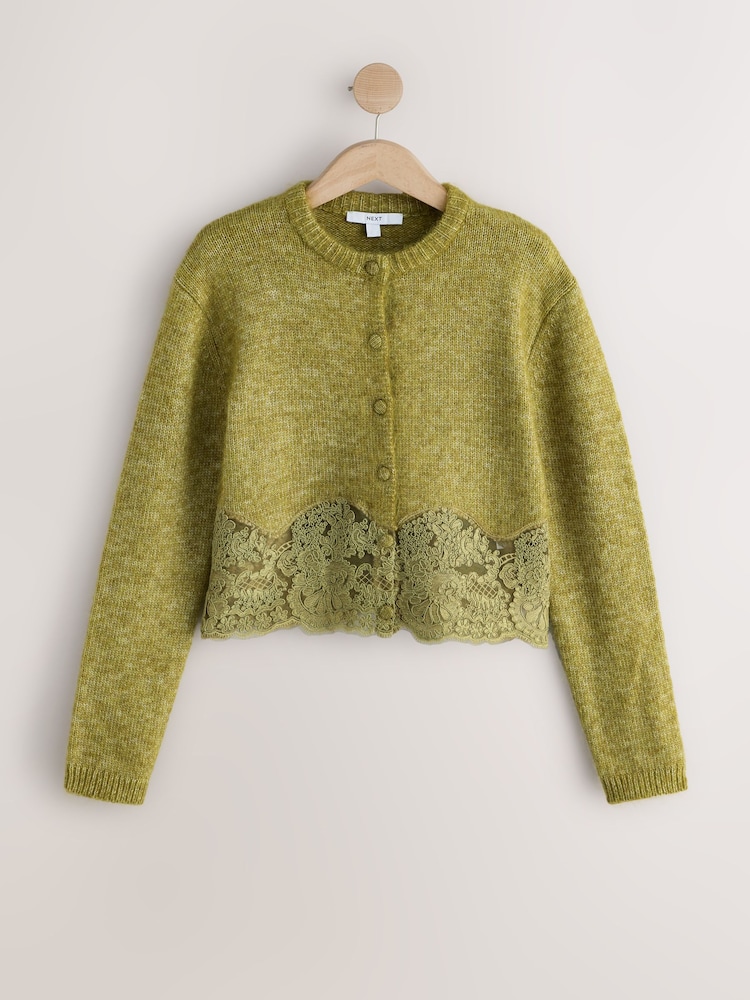 Olive Green Lace Trim Long Sleeve Knit Cardigan - Image 1 of 3 Olive Green Lace Trim Long Sleeve Knit Cardigan - Image 1 of 3