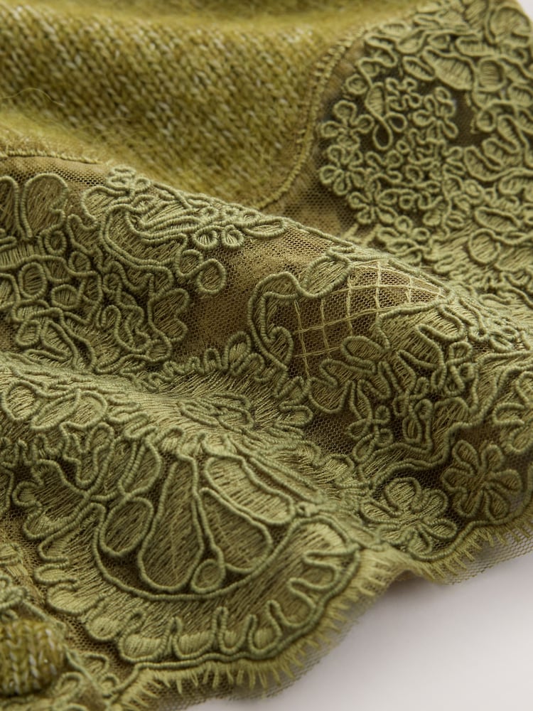 Olive Green Lace Trim Long Sleeve Knit Cardigan - Image 2 of 3 Olive Green Lace Trim Long Sleeve Knit Cardigan - Image 2 of 3