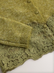 Olive Green Lace Trim Long Sleeve Knit Cardigan - Image 3 of 3