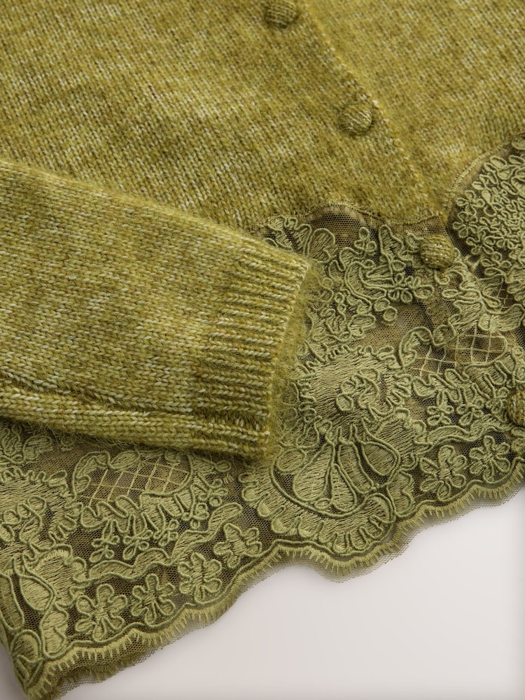 Olive Green Lace Trim Long Sleeve Knit Cardigan - Image 3 of 3 Olive Green Lace Trim Long Sleeve Knit Cardigan - Image 3 of 3