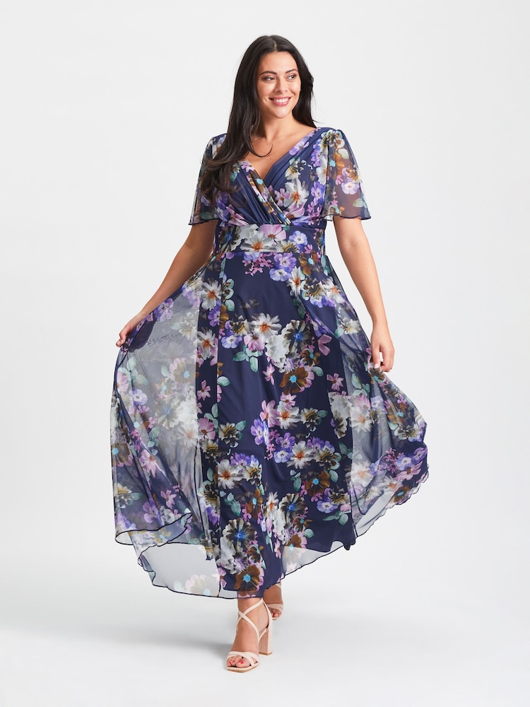 Scarlett & Jo Blue Floral Curve Isabelle Angel Sleeve Maxi Dress - Image 1 of 5