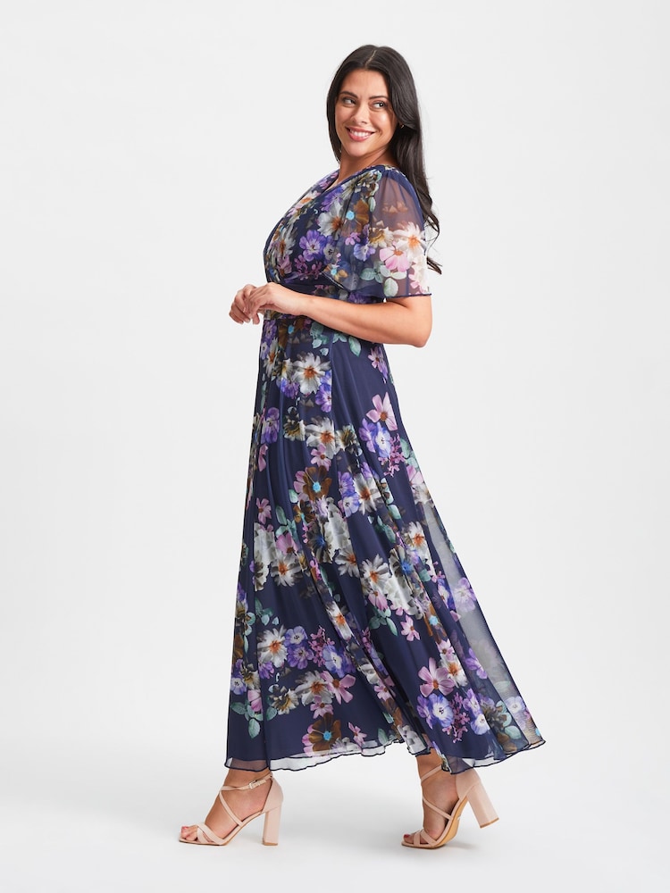 Scarlett & Jo Blue Floral Curve Isabelle Angel Sleeve Maxi Dress - Image 4 of 5