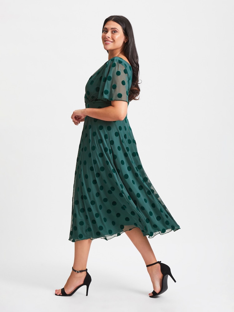 Scarlett & Jo Green Victoria Flock Spot Angel Sleeve Mesh Midi long Dress - Image 3 of 4