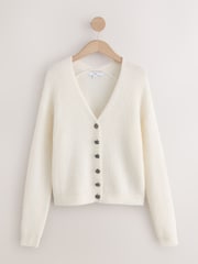 Ecru Gem Button - Cardigan côtelé à Col V et manches longues en laine - Image 1 de 1