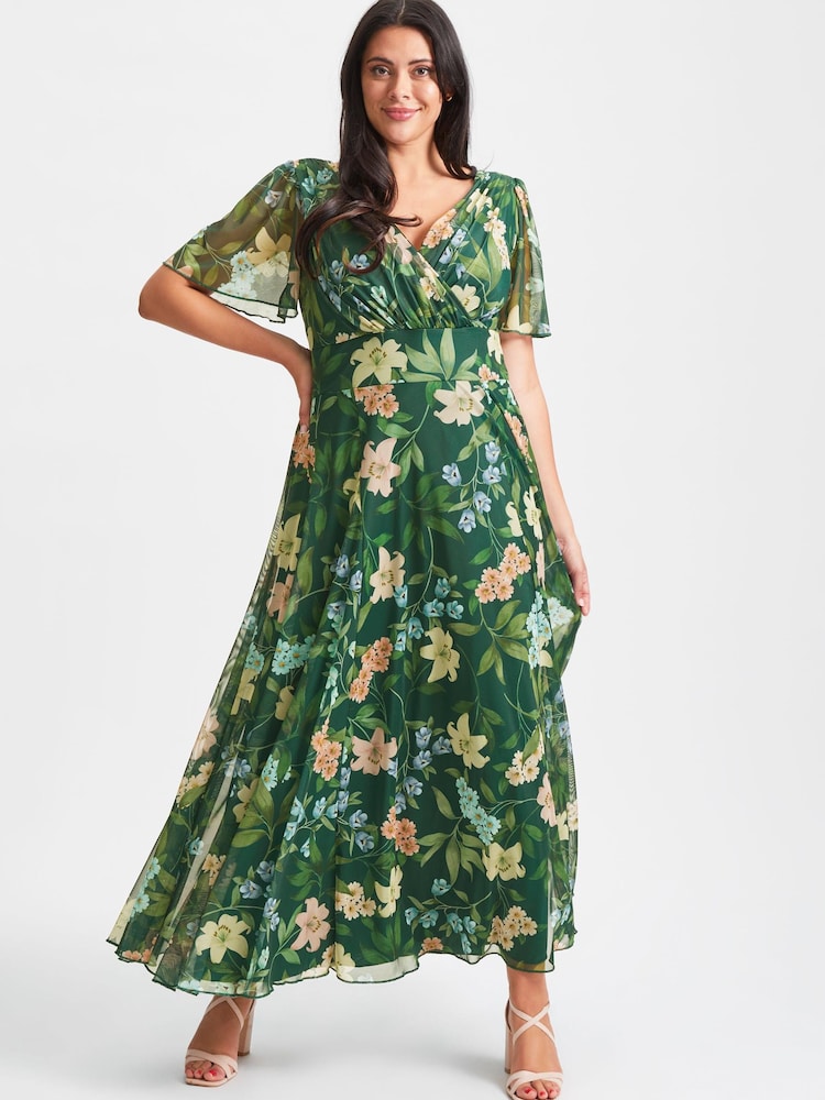 Scarlett & Jo Green Floral Isabelle Angel Sleeve Maxi Dress - Image 1 of 5