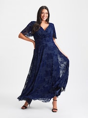 Scarlett & Jo Blue Isabelle Velvet Flock Angel Sleeve Maxi Dress - Image 1 of 8
