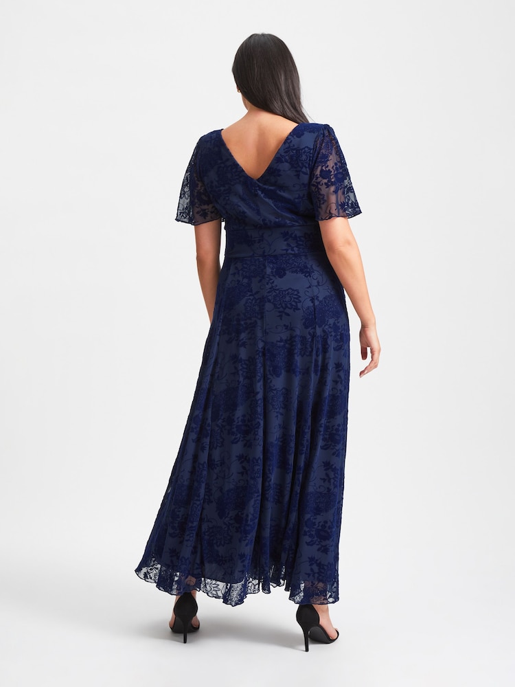 Scarlett & Jo Blue Isabelle Velvet Flock Angel Sleeve Maxi Dress - Image 2 of 8