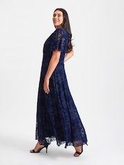 Scarlett & Jo Blue Isabelle Velvet Flock Angel Sleeve Maxi Dress - Image 3 of 8