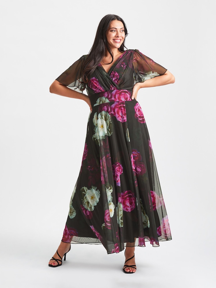Scarlett & Jo Black Rose Curve Isabelle Angel Sleeve Maxi Dress - Image 1 of 4