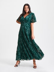 Scarlett & Jo Green Isabelle Velvet Flock Angel Sleeve Maxi Dress - Image 1 of 4