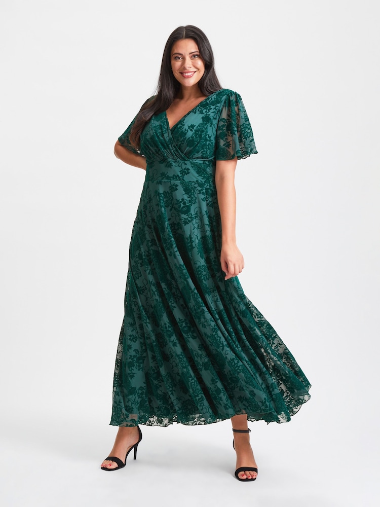 Scarlett & Jo Green Isabelle Velvet Flock Angel Sleeve Maxi Dress - Image 1 of 4