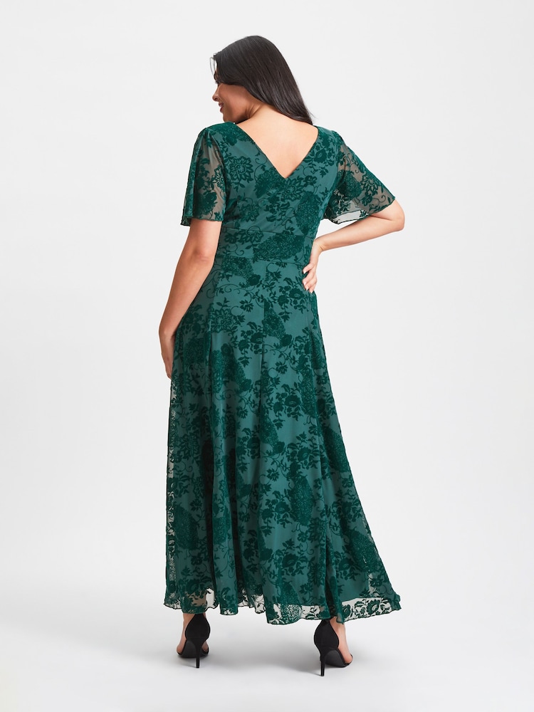 Scarlett & Jo Green Isabelle Velvet Flock Angel Sleeve Maxi Dress - Image 2 of 4