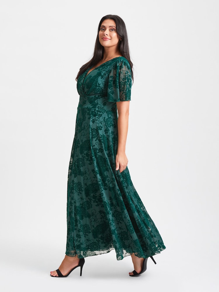 Scarlett & Jo Green Isabelle Velvet Flock Angel Sleeve Maxi Dress - Image 3 of 4