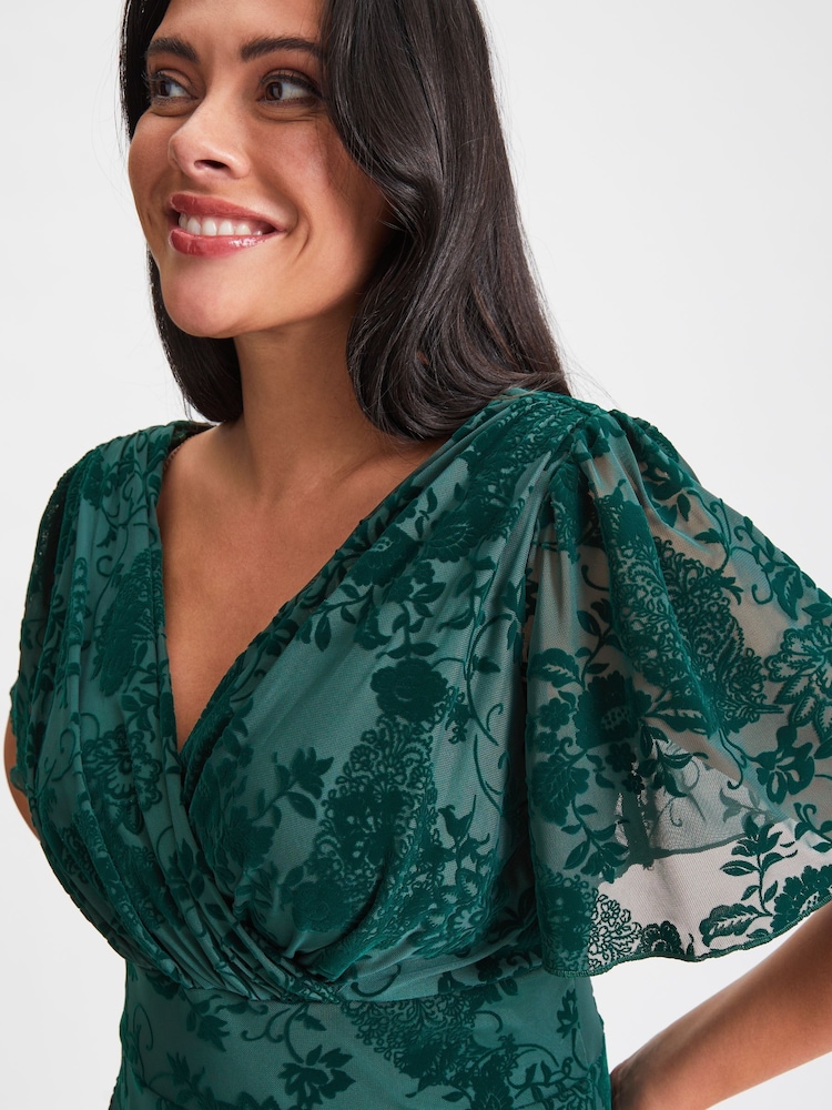 Scarlett & Jo Green Isabelle Velvet Flock Angel Sleeve Maxi Dress - Image 4 of 4