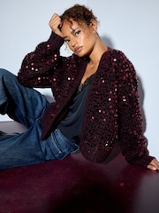 Burgundy Red Sequin Soft Touch Chunky Knit Open Cardigan - Image 1 of 4