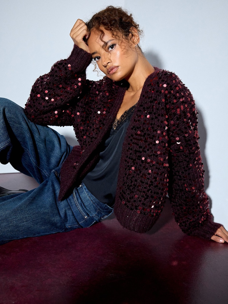 Burgundy Red Sequin Soft Touch Chunky Knit Open Cardigan - Image 1 of 4 Burgundy Red Sequin Soft Touch Chunky Knit Open Cardigan - Image 1 of 4