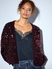 Burgundy Red Sequin Soft Touch Chunky Knit Open Cardigan - Image 2 of 4