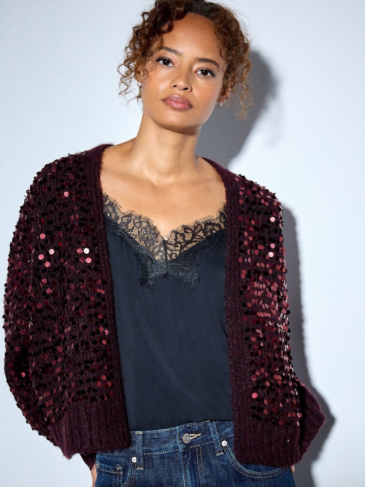 Burgundy Red Sequin Soft Touch Chunky Knit Open Cardigan - Image 2 of 4 Burgundy Red Sequin Soft Touch Chunky Knit Open Cardigan - Image 2 of 4
