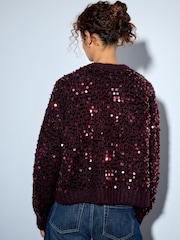 Burgundy Red Sequin Soft Touch Chunky Knit Open Cardigan - Image 3 of 4