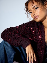Burgundy Red Sequin Soft Touch Chunky Knit Open Cardigan - Image 4 of 4